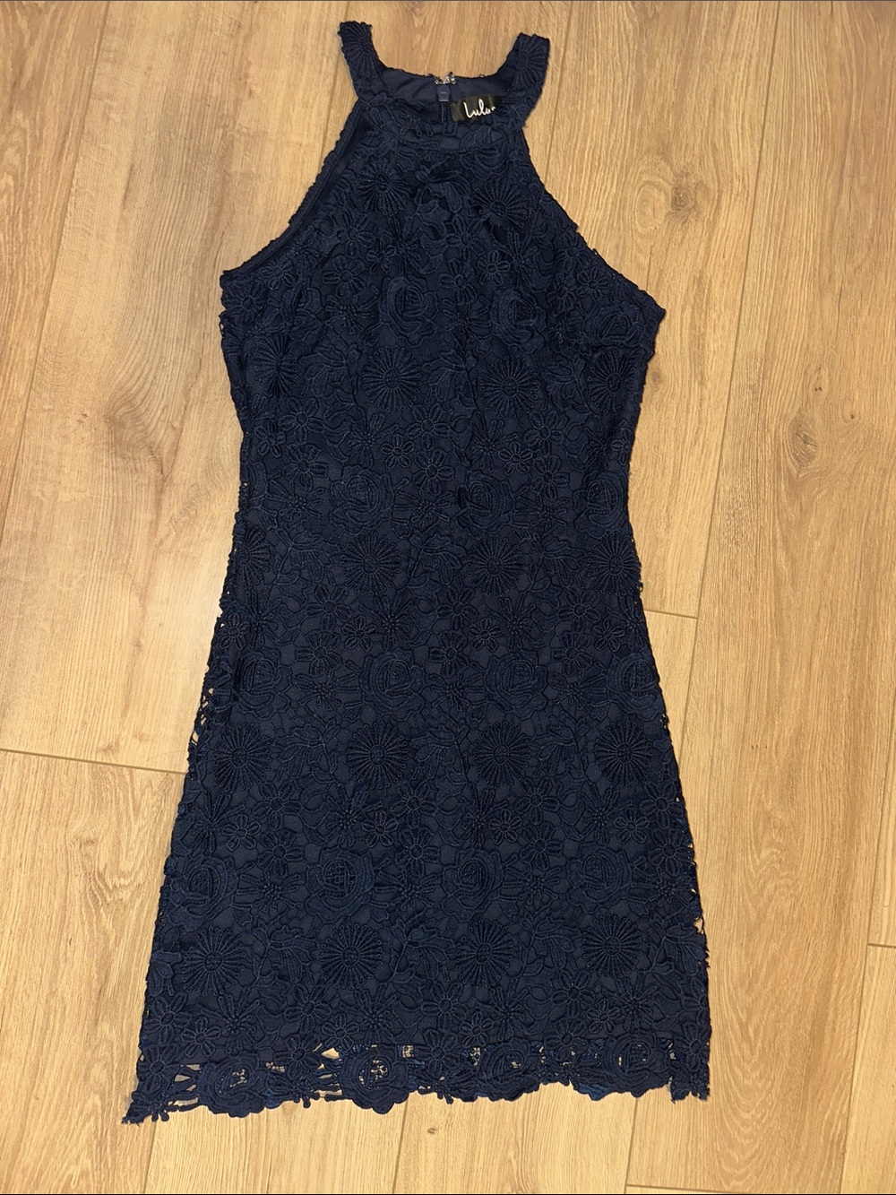 Lulu's Navy Floral Crochet Halter Mini Dress